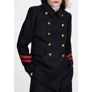Zara Black Double-Breasted Coat with Red Accents